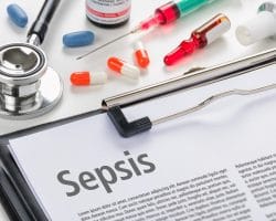Klemmbrett mit Informationen zu Sepsis und Medikamente