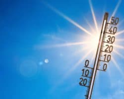 Ein Thermometer vor sommerlichem Hintergrund