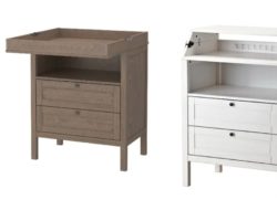 eine braunes und ein weiße Kommode von Ikea mit integriertem Wickeltisch