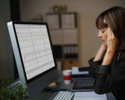 Am Bildschirm arbeitende Frau massiert sich die Schläfen