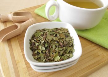 Bärentraubenblätter in einer Schale und eine Tasse Tee