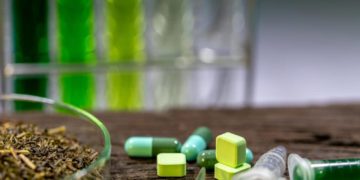 Verschiedene Kräuter und Pillen liegen auf einem Tisch