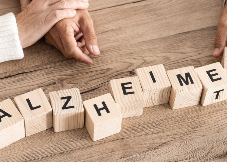 Das Wort Alzheimer als Schriftzug aus Holzblöcken mit Buchstaben gelegt.