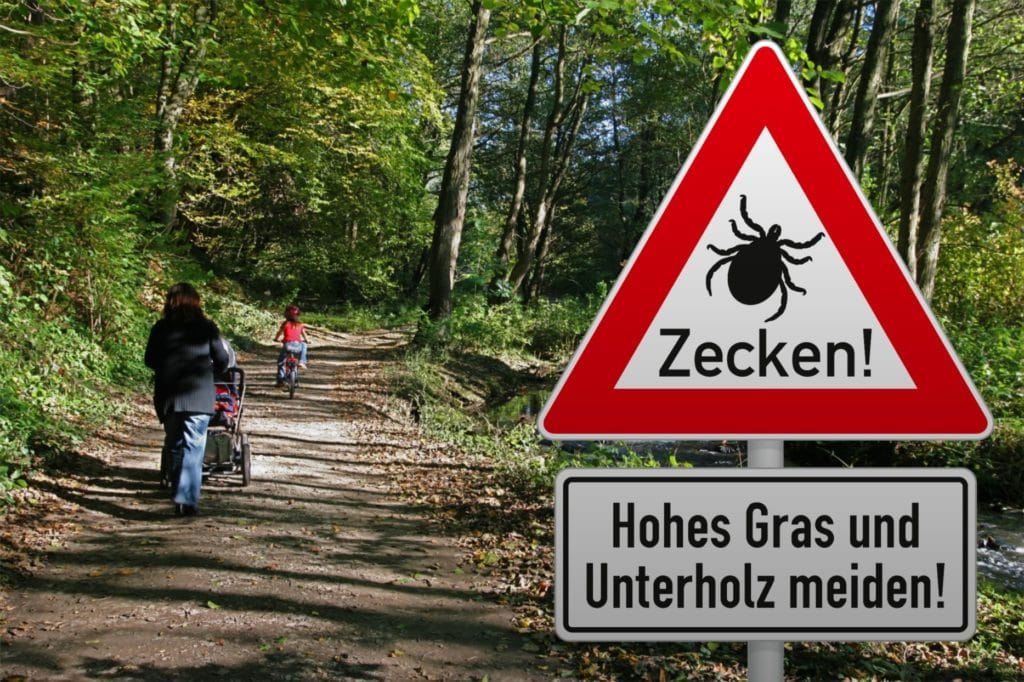 Warnschild Zecke, Familie geht im Zeckengebiet spazieren