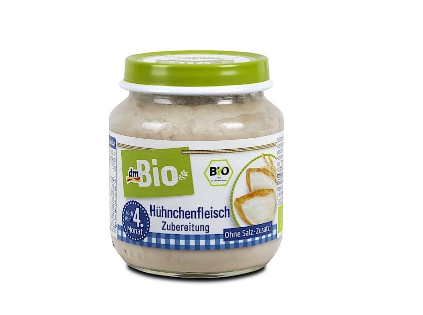 Glas mit Hänchenfleisch-Babynahrung.