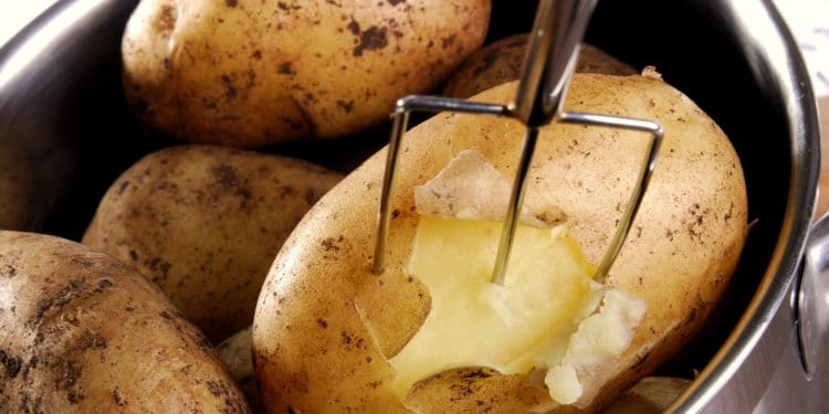 Gekochte Pellkartoffeln in einem Topf, in einer steckt eine Pellkartoffelgabel.