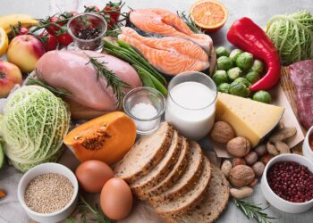 Obst, Gemüse, Fisch, Fleisch, Brot, Eier, Käse, Milch und Nüsse