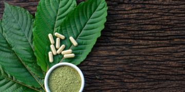 Das Bild zeigt die Blätter des Kratombaumes und daraus hergestellte Kapseln und Pulver.