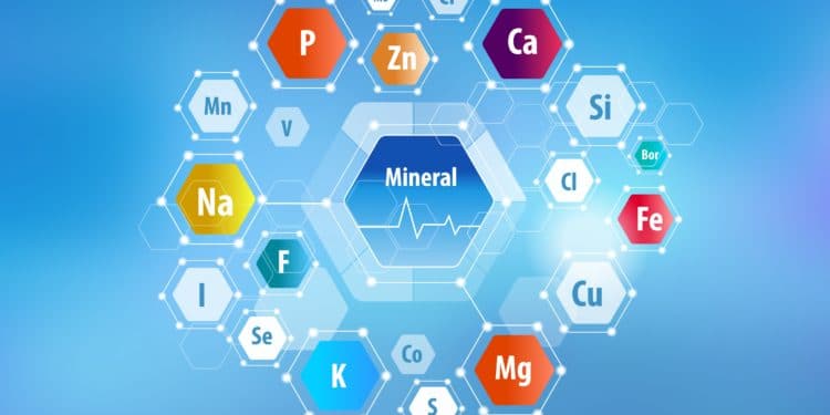 Schematische Darstellung verschiedener Mineralstoffe und Spurenelemente in Form von Sechsecken, in deren Mitte jeweils die Abkürzungen der Stoffe stehen.