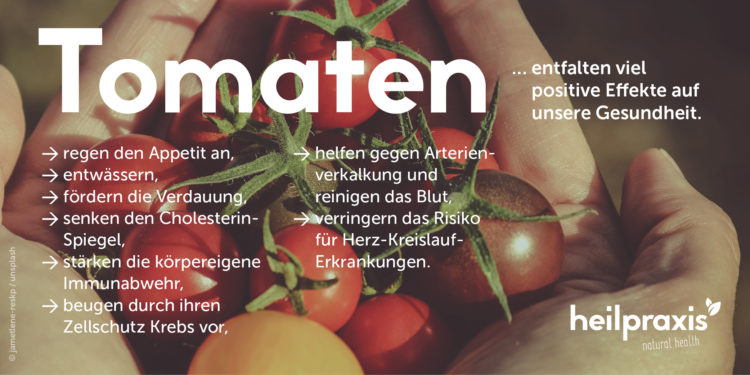 Tomaten Abbildung mit einer Auflistung der Inhaltsstoffe und Wirkung