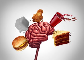 Ein menschliches Gehirn ist umgeben von kalorienreichen Nahrungsmitteln.