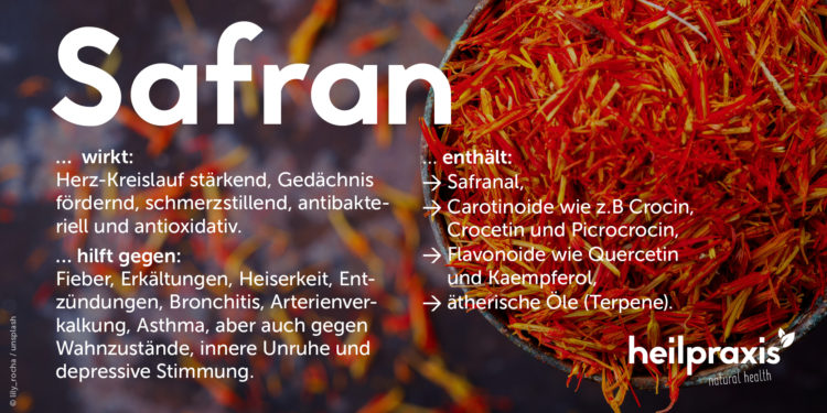 Safran Übersichtsgrafik mit einer Auflistung der  Inhaltsstoffe und Wirkung.