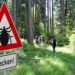 Schild mit Zeckenwarnung im Wald und dahinter einige Wanderer