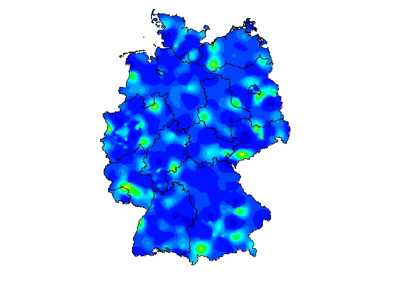 Eine Deutsclandkarte zeigt Gebiete mit erhöhter Influenza-Ansteckungsgefahr.