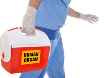 Mann transportiert eine Kühlbox mit der Aufschrift Human Organ