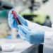 Wissenschaftler mit blauen Handschuhen hält im Labor Bluttest in der Hand
