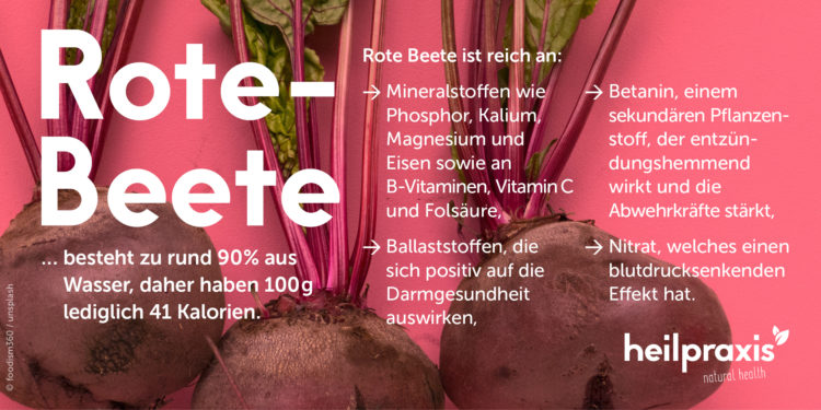 Rote Beete Übersichtsgrafik mit einer Auflistung der Inhaltsstoffe und Wirkung.