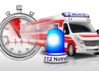 Eine grafische Darstellung, die einen Krankenwagen, eine Stoppuhr und eine Sirene zeigt.