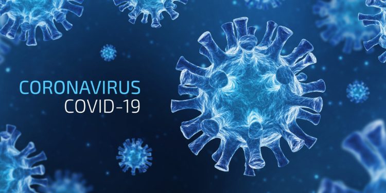 3D-Illustration des Coronavirus mit dem Schriftzug: Coronavirus, COVID-19