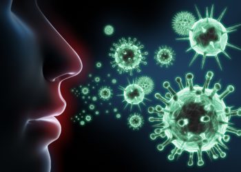 Eine grafische Darstellung einer Nase im Profil mit umherschwebenden Viren in der Luft.