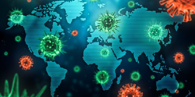 3D-Illustration einer Weltkarte mit darüber schwebenden Viren in rot und grün.