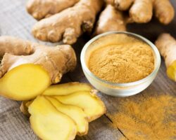 Ingwerknollen, Ingwerscheiben, Ingwerpulver
