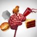Eine grafische Darstellung eines Gehirns, dass von ungesunden Nahrungsmitteln umkreist wird.