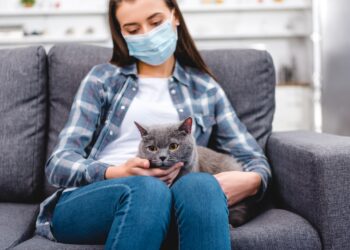 Eine Frau mit Atemschutzmaske hat eine Katze auf dem Schoß.