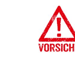 Rotes Ausrufungszeichen mit dem Hinweis "Vorsicht" darunter.