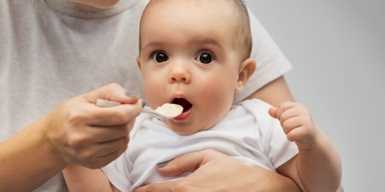 Mutter füttert ihr Baby mit einem Löffel Babybrei