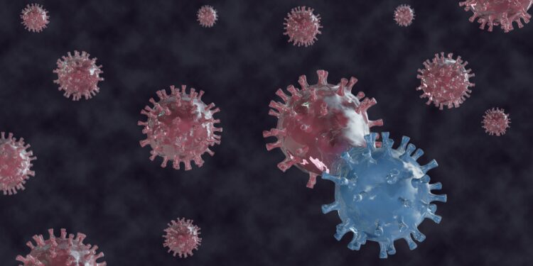 Eine grafische Darstellung von zwei Viren, die zu einem neuen Virus mutieren.