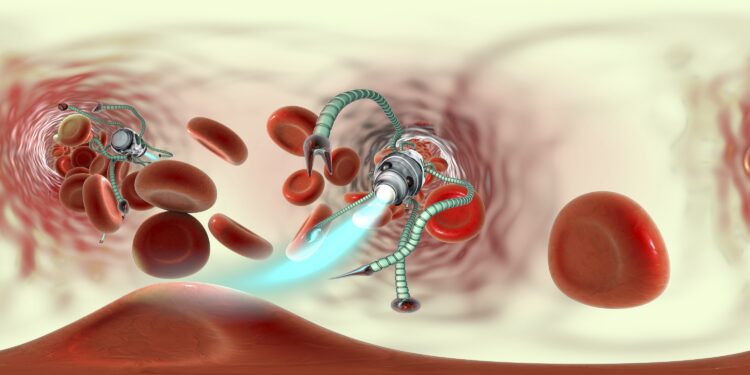 Darstellung Mikroroboter und Blutplättchen im Körperinneren.