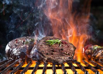 Ein Stück Fleisch wird auf einem Grill gegart.