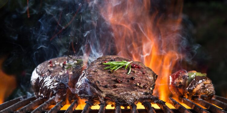 Ein Stück Fleisch wird auf einem Grill gegart.