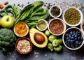 Gesunde Lebensmittel wie Gemüse, Obst und Hülsenfrüchte auf einem Tisch