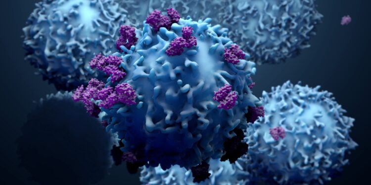 Eine grafische Darstellung von Krebszellen und Proteinen.