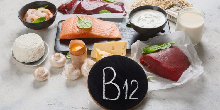 Eine Auswahl an Lebensmitteln, die reich an Vitamin B-12 sind.