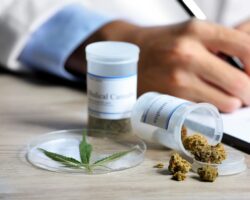 Medizinisches Cannabis liegt auf einem Schreibtisch in einer Arzt-Praxis.