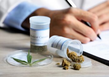 Medizinisches Cannabis liegt auf einem Schreibtisch in einer Arzt-Praxis.