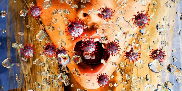 Künstlerische 3D-Illustration des aus einem Mund einer Frau kommenden Coronaaerosols