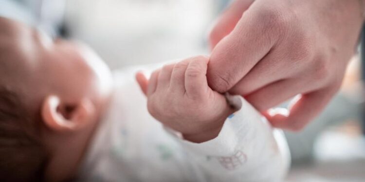Ein Baby greift die Hand eines Erwachsenen.