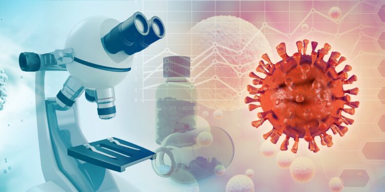 Eine grafisches Darstellung eines Coronavirus der neben einem Mikroskop schwebt.