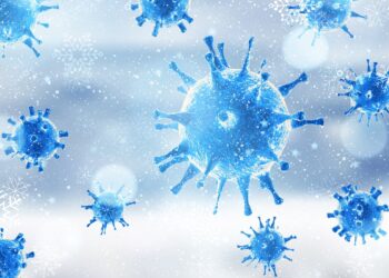Eine grafische Darstellung zeigt schwebende Coronaviren zwischen Schneeflocken.