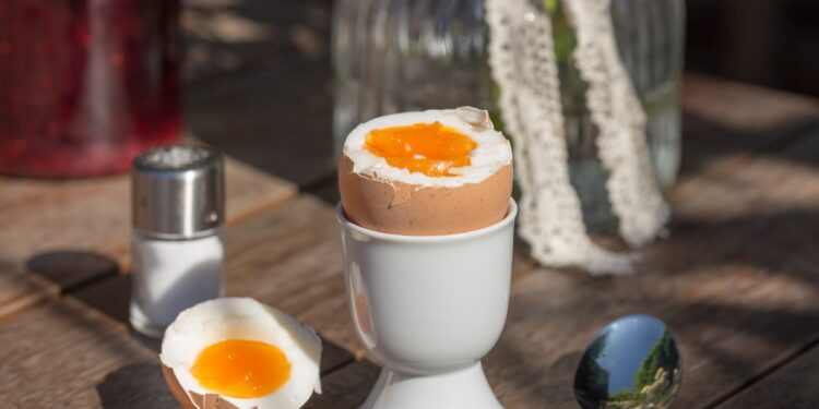 Ein Frühstücksei in einem Eierbecher sowie ein Löffel und ein Salzstreuer auf einem Tisch