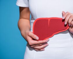 Frau hält Papier in Form einer Leber vor ihrem Bauch