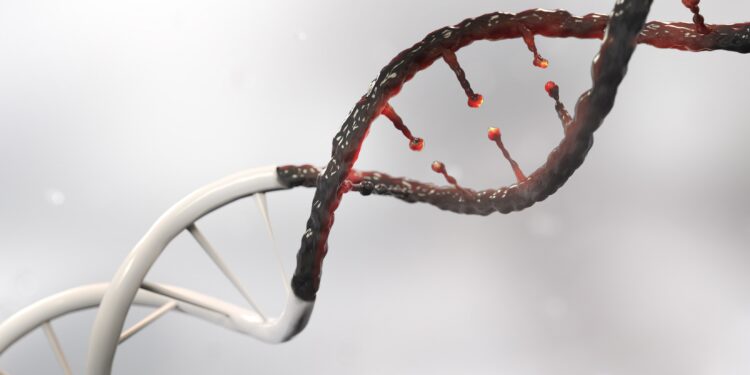 Eine grafische Darstellung eines beschädigten DNA-Stranges.