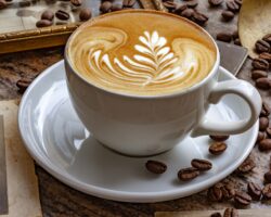 Eine Tasse Cafe Latte mit verziertem Milchschaum neben fischen Kaffeebohnen