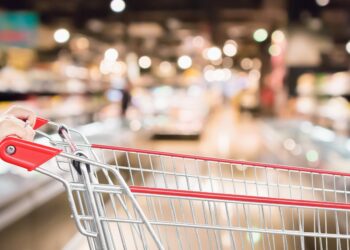 Frau schiebt Einkaufswagen im Supermarkt