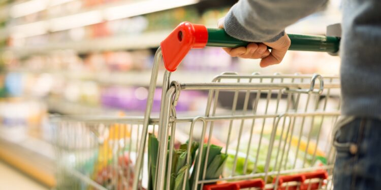 Mann mit einem vollen Einkaufswagen im Supermarkt