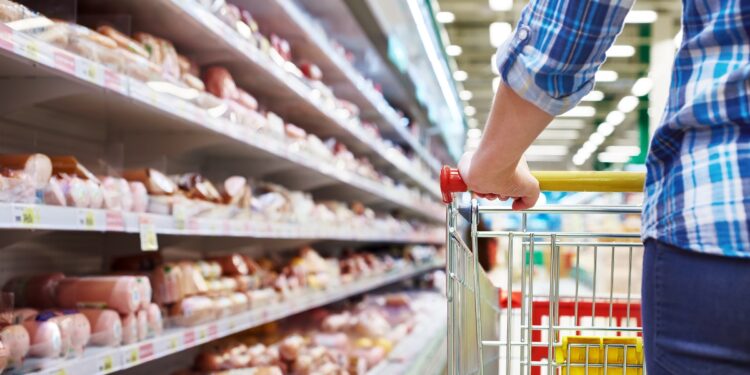 Eine Person schiebt einen Einkaufswagen an einem Wurstregal im Supermarkt entlang.